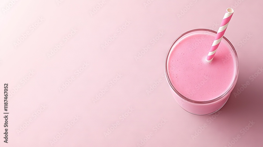 Pink smoothie on pink background with pink-white striped straw in a glass with copy space Pink smoothie on pink background with pink-white striped straw in a glass with copy space