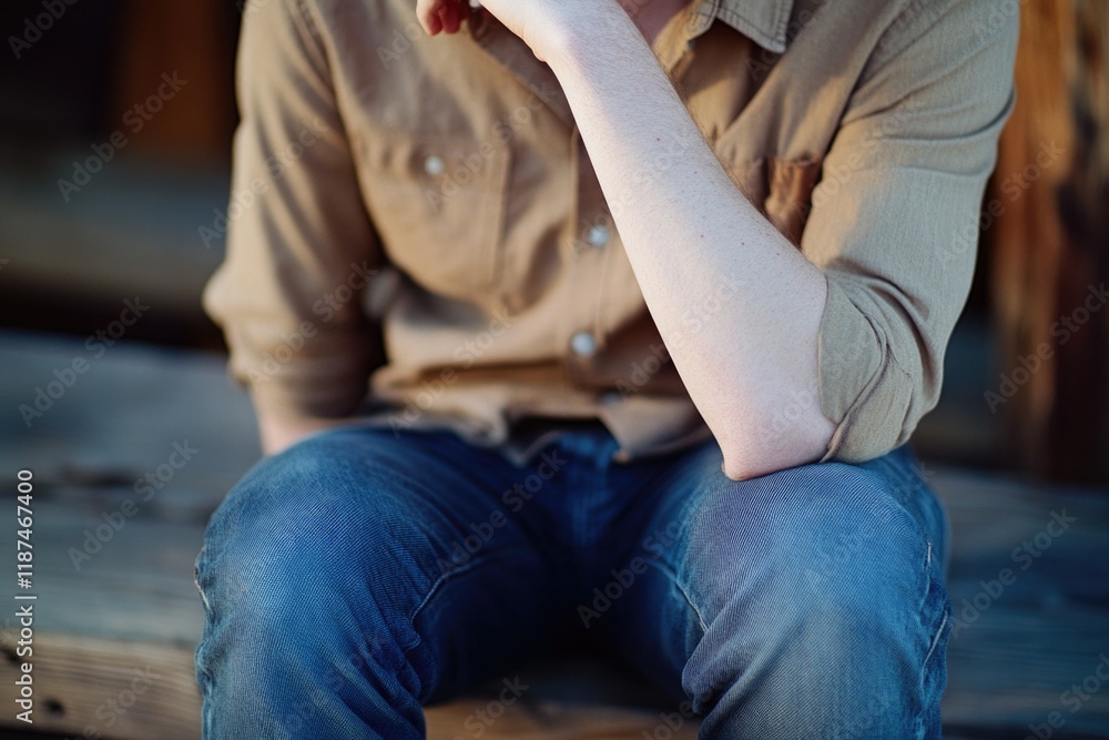 A person sitting alone on a park bench, deep in thought, with his hand resting on his chin A person sitting alone on a park bench, deep in thought, with his hand resting on his chin