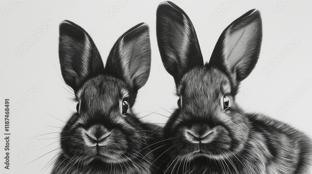 Fototapeta premium Two rabbits in black and white, looking gently at the viewer, on a blank background