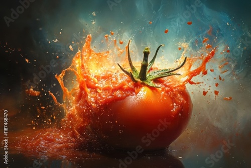 A Tomato Exploding In A Splash Of Juice