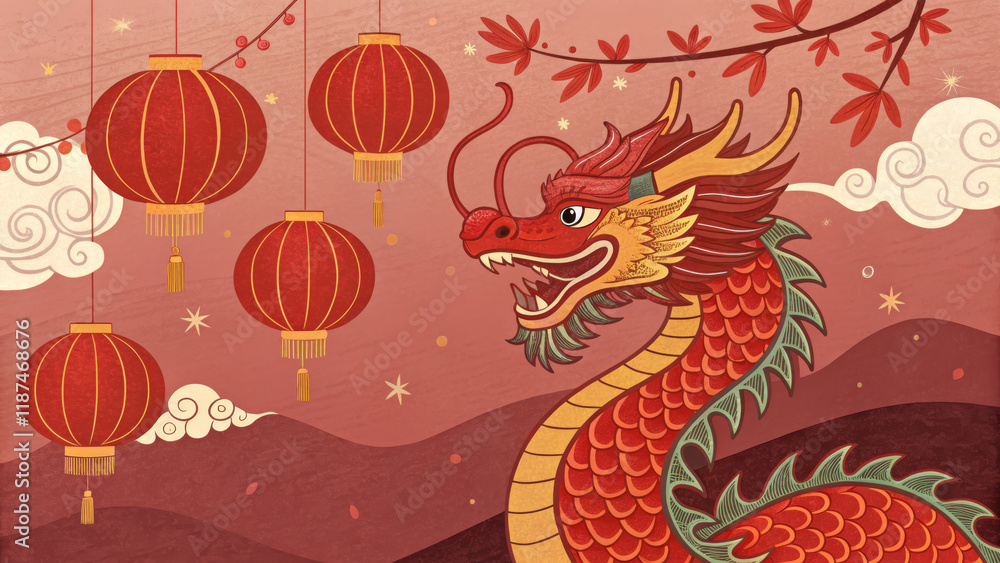 Obraz premium Illustration of a vibrant dragon surrounded by red lanterns, cherry blossoms, and fireworks, symbolizing Lunar New Year traditions, ideal for cultural campaigns, holiday marketing, and event promotion