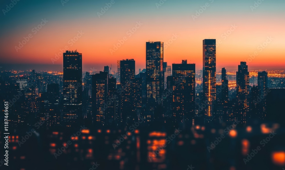 Fototapeta premium Cityscape Silhouette At Sunset With Illuminated Buildings