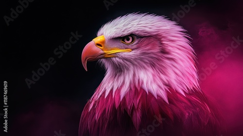 Pink eagle portrait on dark, smoky background.
