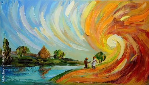 Vibrant Abstract Oil Painting Handcrafted Masterpiece Showcasing Swirling Colors and Textures in an Ethereal Landscape photo