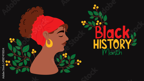 Black History Month poster. Cute African American woman in profile with leaves. Vector illustration. Horizontal background template. Annual celebration in February in USA, Canada October in UK