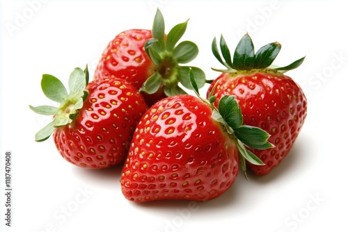 Close-up of fresh strawberries with green leaves on white background. healthy eating and food marketing