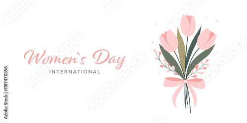 Greeting banner for women's day with bouquet of pink tulips. Spring flowers. Flat vector illustration.