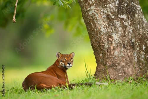 A serene scene of a jaguarundi resting in the shade of a tree in the Brazilian Pantanal. photo