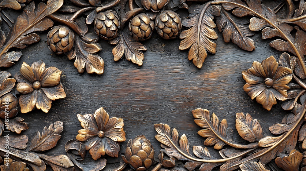 Fototapeta premium Intricate Wooden Carving: Floral Design on Dark Background