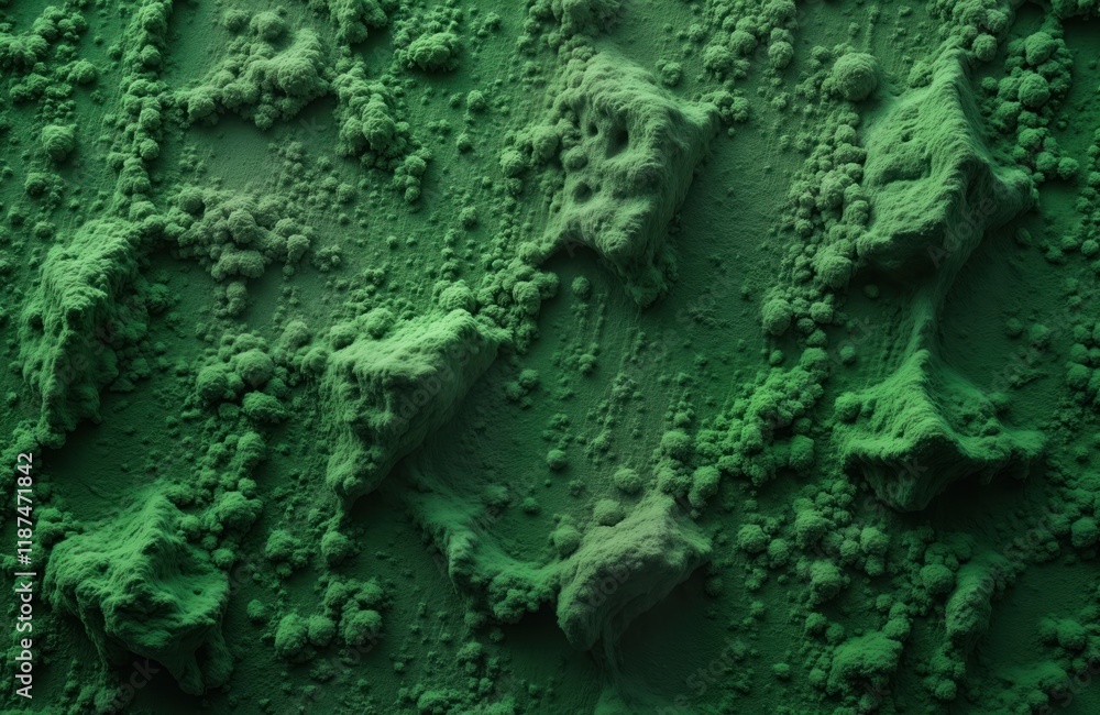 Close-up view of spirulina algae texture. Green ground surface looks like abstract landscape. Empty background. Natural food supplement. Organic healthy diet ingredient. Raw vegetarian food. Great