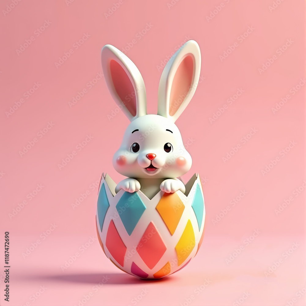 Cute Easter Bunny inside a broken egg on pink background in rounded 3d render style Cute Easter Bunny inside a broken egg on pink background in rounded 3d render style