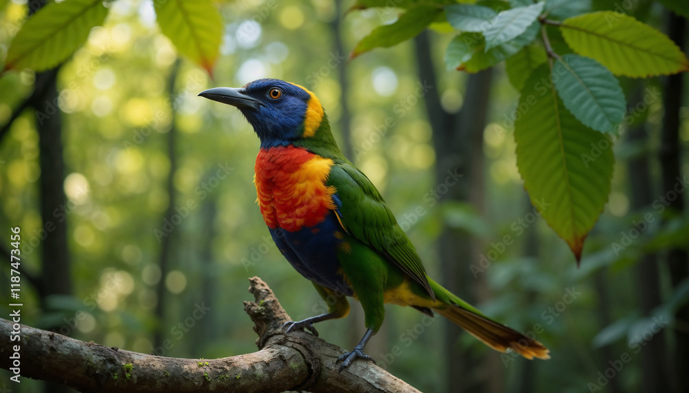 Vibrant Exotic Bird with Rainbow Plumage Perched in Tropical Forest Vibrant Exotic Bird with Rainbow Plumage Perched in Tropical Forest