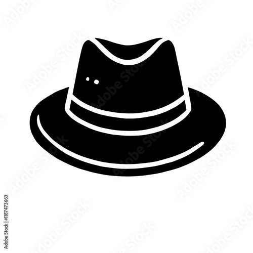 Classic Fedora Hat Icon: A timeless silhouette of a fedora hat, rendered in bold black against a white background. This simple yet elegant design is perfect for fashion illustrations, website icons.