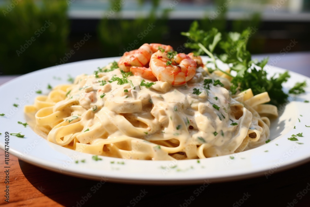 Delicious Fettuccine Alfredo with Creamy Shrimp and Spicy Red Sauce, Served with Bread - Perfectly Cooked Pasta for an Italian Treat Delicious Fettuccine Alfredo with Creamy Shrimp and Spicy Red Sauce, Served with Bread - Perfectly Cooked Pasta for an Italian Treat