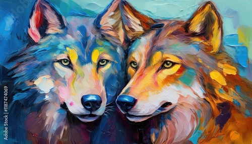 Vibrant Multicolored Portrait of a Conceptual Wolf Duo in an Abstract Landscape, Exuding Mystical Majesty and Power photo