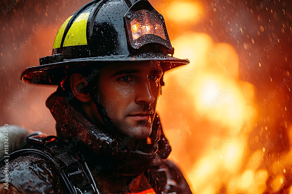Firefighter Braving Intense Blaze Under Rain Firefighter Braving Intense Blaze Under Rain