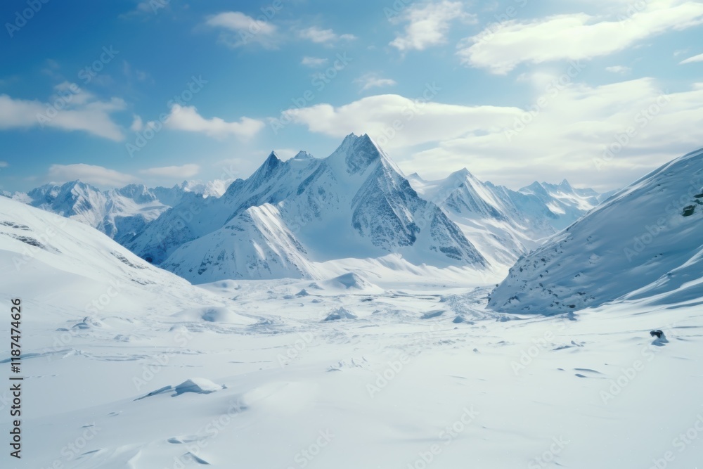Obraz premium Snow-covered mountain landscape under a bright blue sky with scattered clouds in the winter season
