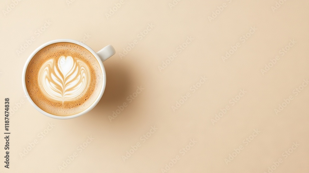 A beige background showcases a cup of cappuccino with a leaf design on top A beige background showcases a cup of cappuccino with a leaf design on top