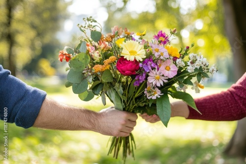 Wallpaper Mural Happy couple exchanging a bouquet of mixed flowers in a sunlit park, Torontodigital.ca