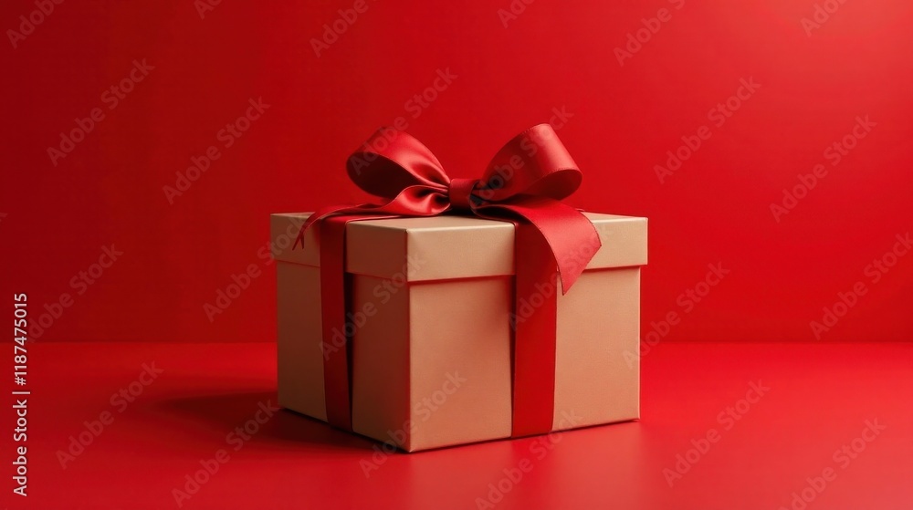 Obraz premium A beige gift box adorned with a vibrant red ribbon bow, presented against a rich red backdrop