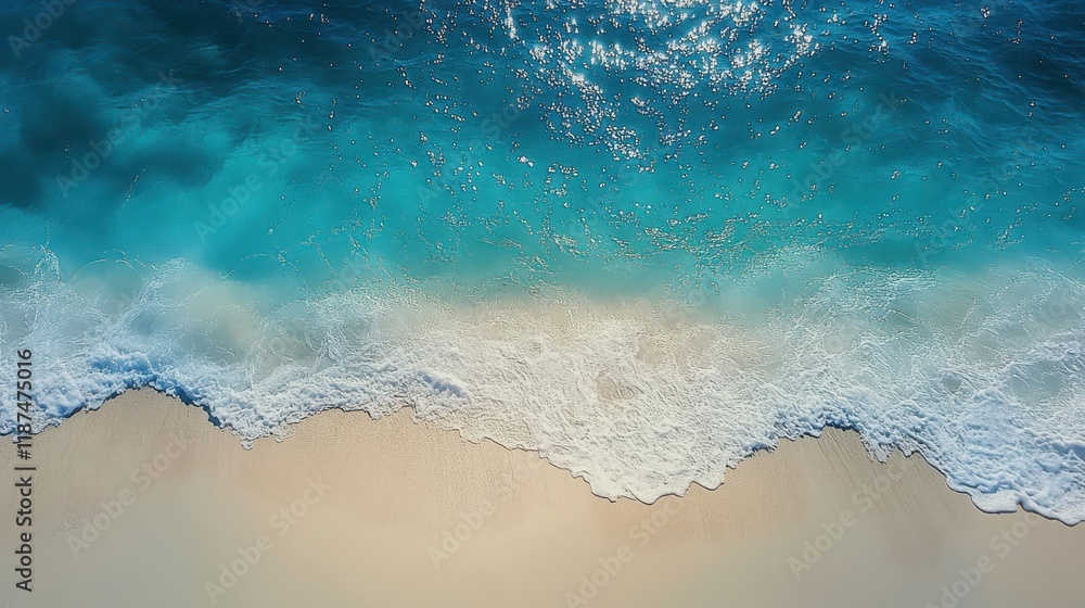 Obraz premium Aerial view of turquoise ocean wave on pristine sand shoreline