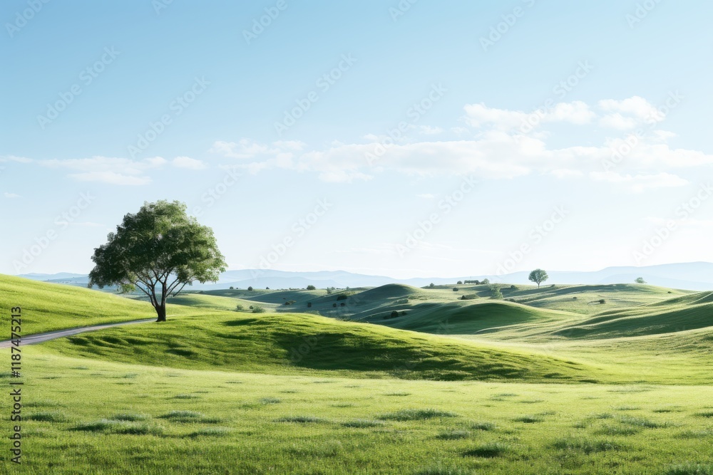 Fototapeta premium Rolling green hills under a clear blue sky with a solitary tree standing out in the landscape during daylight