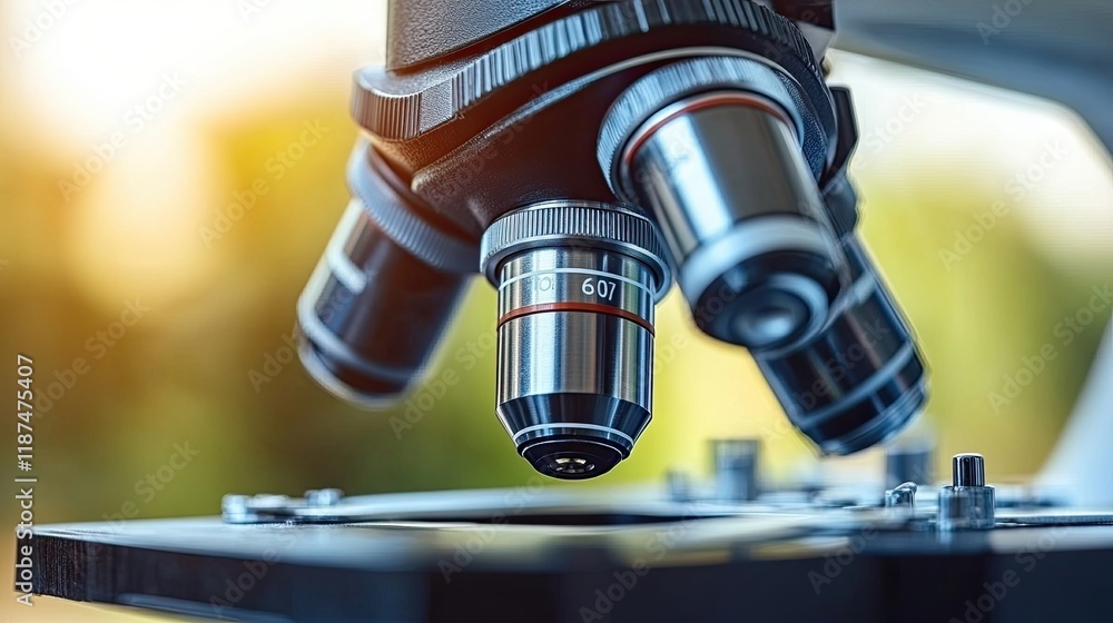 Microscope illustrates scientific exploration in a laboratory during golden hour Microscope illustrates scientific exploration in a laboratory during golden hour