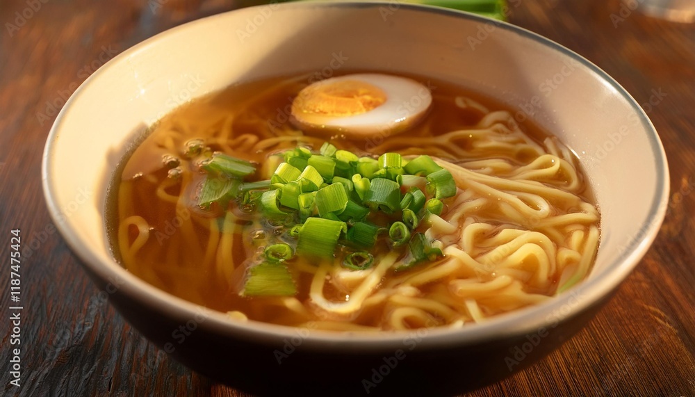 Golden Hours Capture of a Hearty Bowl of Ramen with Floating Scallions Golden Hours Capture of a Hearty Bowl of Ramen with Floating Scallions