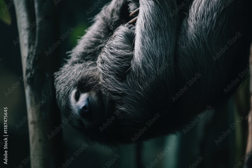 Obraz premium A serene scene of a sloth hanging upside down from a tree branch, peacefully napping.