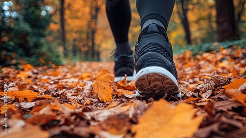 Fall hiking on a forest trail with vibrant orange leaves underfoot during a sunny day in autumn