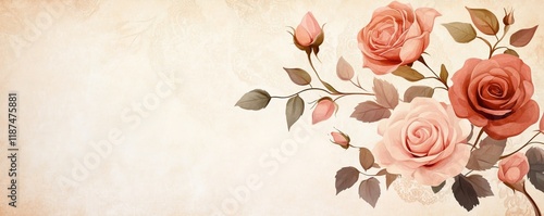 Vintage-style background with faded roses and lace patterns, sepia tone