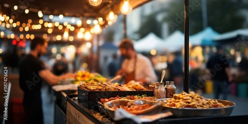 The image portrays a lively street food market bustling with people, showcasing colorful and mouth-watering dishes that evoke a sense of community and culinary delight. photo