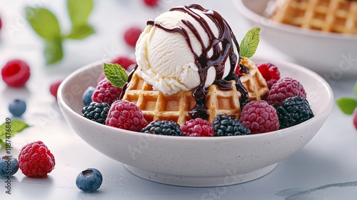 A plate of golden Belgium waffles stacked with scoops of creamy vanilla ice cream, rich chocolate sauce drizzled over, surrounded by fresh vibrant berries, natural light in a rustic kitchen photo