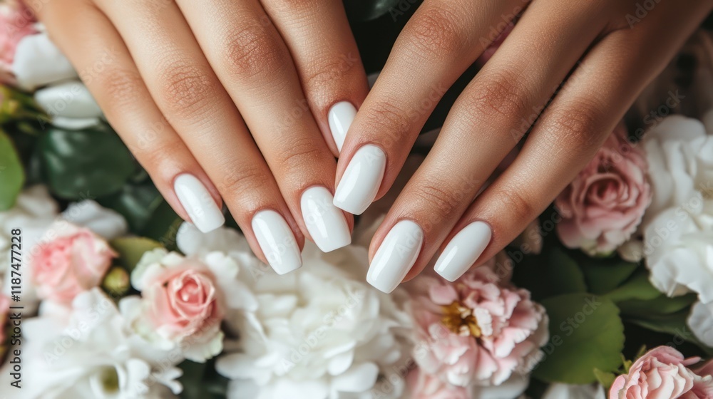 Close-up of elegant female hands with perfectly manicured white nails, resting on a bed of delicate pink and white flowers. Close-up of elegant female hands with perfectly manicured white nails, resting on a bed of delicate pink and white flowers.