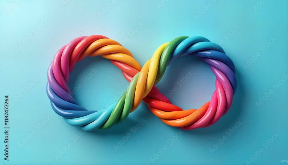 Fototapeta premium Rainbow infinity symbol on light blue background. Colorful twisted ribbons form symbol. Vibrant design suitable for neurodiversity awareness. Modern abstract art. Endless loop. Bright colours. Great