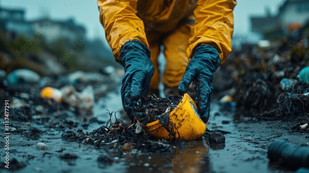 Close-up of gloved hands collecting plastic waste from polluted shoreline. Close-up of gloved hands collecting plastic waste from polluted shoreline.