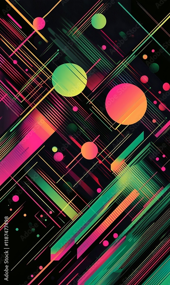 Diagonal lines in alternating neon greens and pinks, with floating geometric shapes and translucent circles Diagonal lines in alternating neon greens and pinks, with floating geometric shapes and translucent circles