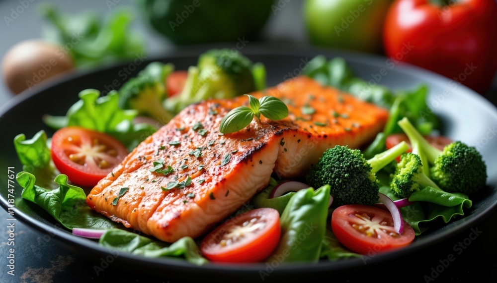 Grilled salmon fillet served with fresh vegetable salad. Healthy meal with tomatoes broccoli, greens. Delicious, nutritious dish. Perfect for lunch dinner. Focus on healthy eating, balanced diet. Grilled salmon fillet served with fresh vegetable salad. Healthy meal with tomatoes broccoli, greens. Delicious, nutritious dish. Perfect for lunch dinner. Focus on healthy eating, balanced diet.