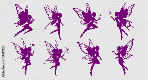 Cute Fairy art. Beautiful Fairies silhouette collection, Little fairies set. Hand drawn vector illustration
