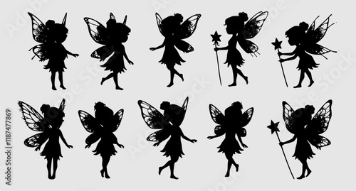Cute Fairy art. Beautiful Fairies silhouette collection, Little fairies set. Hand drawn vector illustration
