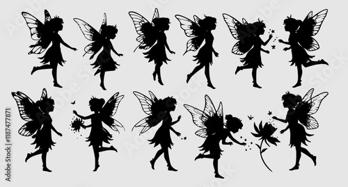 Cute Fairy art. Beautiful Fairies silhouette collection, Little fairies set. Hand drawn vector illustration
