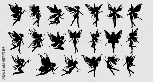 Cute Fairy art. Beautiful Fairies silhouette collection, Little fairies set. Hand drawn vector illustration
