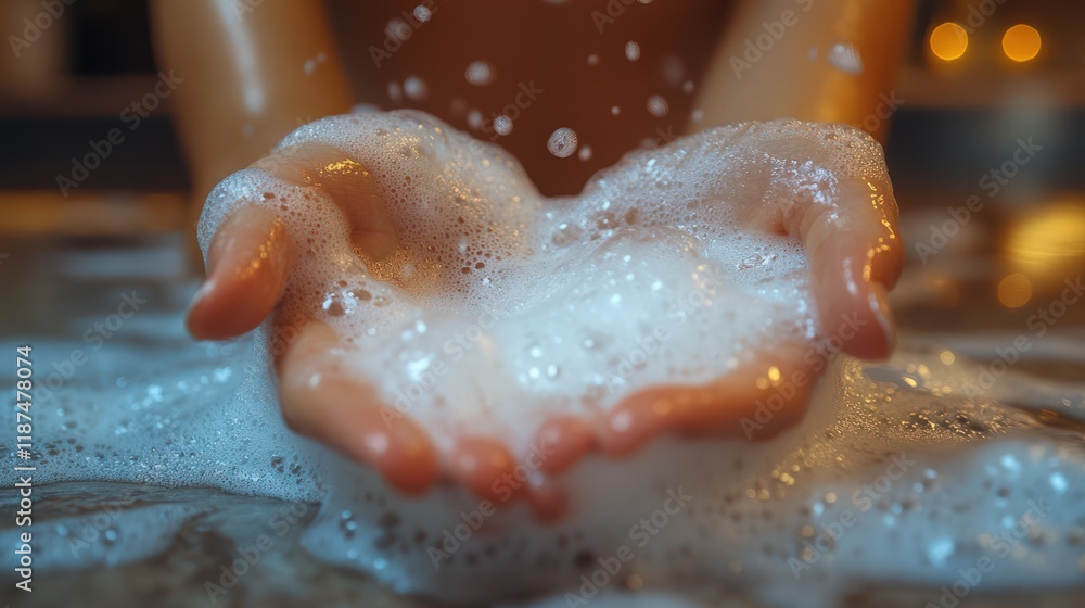 Fototapeta premium Close-up of hands cupping fluffy bath foam.