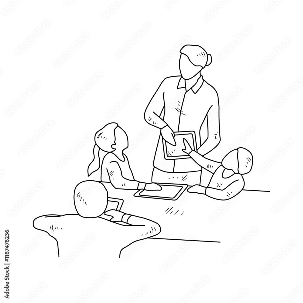 Simple sketch drawing of the students studying with device technology in a class at school. Education themes in simple sketch concept design vector and good for presentation education purpose. Simple sketch drawing of the students studying with device technology in a class at school. Education themes in simple sketch concept design vector and good for presentation education purpose.