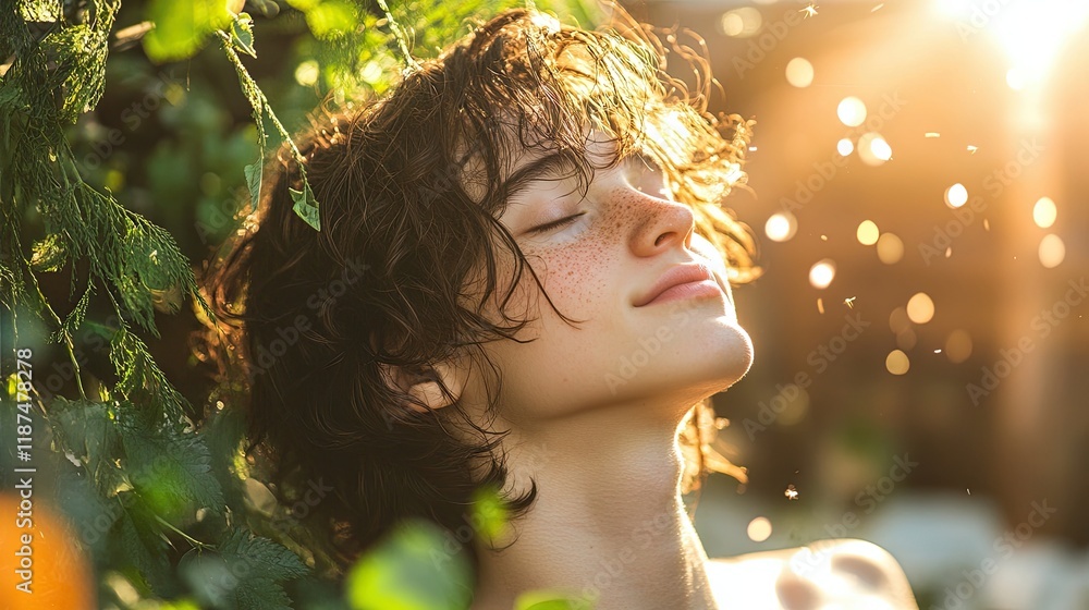Fototapeta premium Young person enjoying sunlight surrounded by greenery in a tranquil outdoor setting during late afternoon