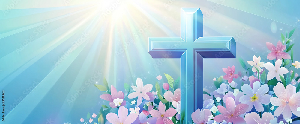 Cross with flowers in sunlight Cross with flowers in sunlight