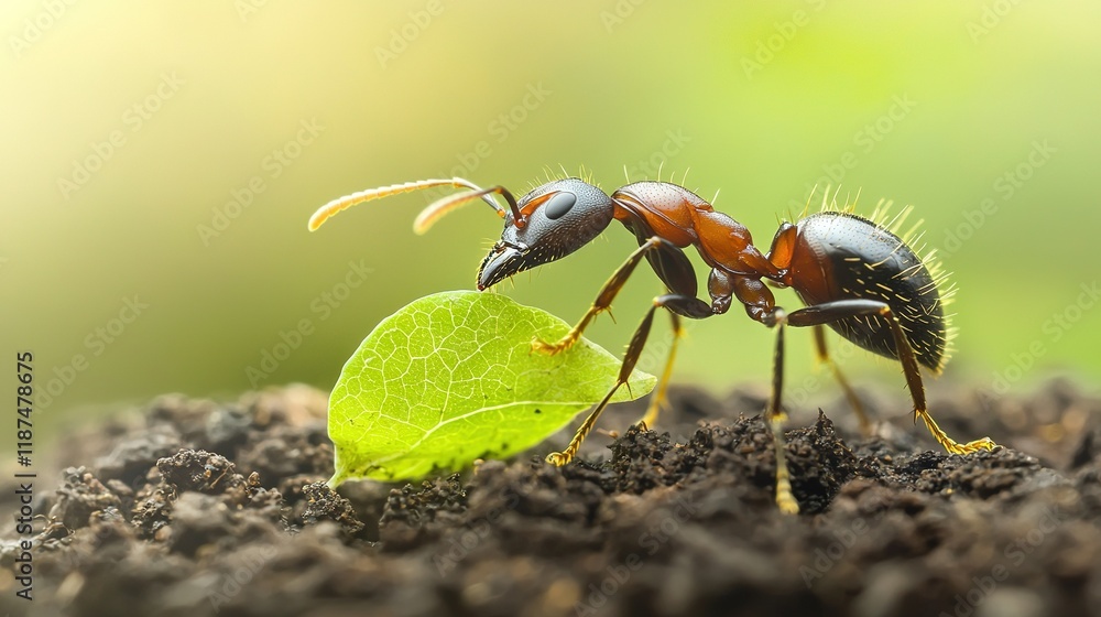 Two ants are perched on a leaf resting atop a dirt pile, alongside another green leaf Two ants are perched on a leaf resting atop a dirt pile, alongside another green leaf