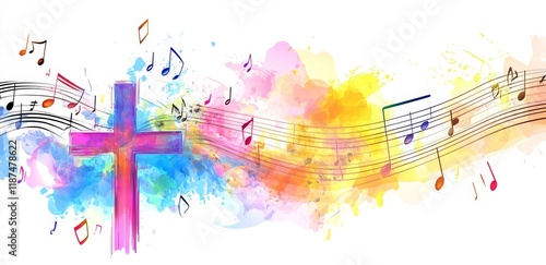 A contemporary illustration design incorporating a vibrant cross and music staff, perfect for gospel church music and concerts, choir singing events, Christian themes, and prayer services.