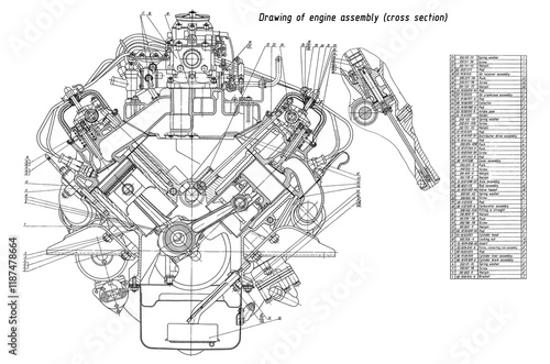 Engine assembly of cargo vehicle.
Engineering mechanical drawing of automotive
device. Industrial cad scheme on white paper sheet. 
Technology design of machine building industry. 
Machined template.