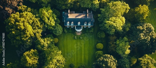 Breathtaking aerial view of a grand country estate nestled amidst a lush verdant landscape with a stately manor house surrounded by a sprawling lawn towering trees and a picturesque natural setting